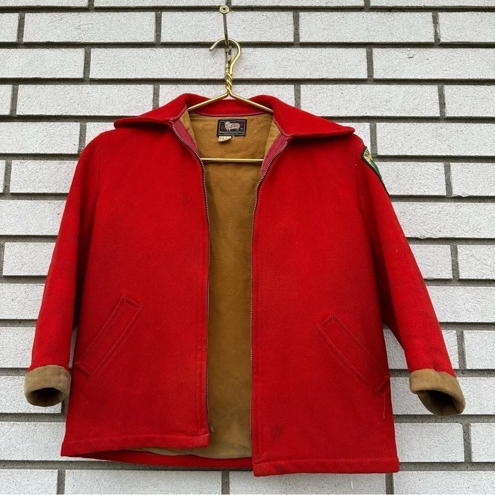 Vintage Woolrich Red Wool Boy Scouts Jacket Sz 10 Smokey Bear Patch Broken Zip